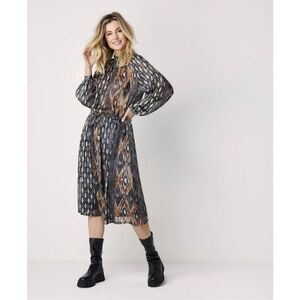Summum Midi Dress with Ikat print Long Sleeve Flowy Boho Cinched Tie Waist S